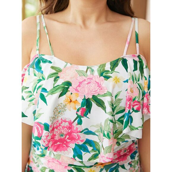 NWT BloomChic White Floral Ruched Detail Ruffle Trim Cami One Piece Swimsuit - Picture 10 of 10